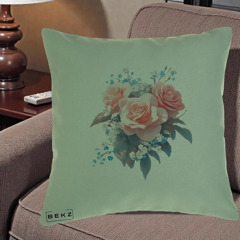 Perna Decorativa Trandafiri Roz cu Floricele Albastre, 40x40 cm, Verde, Husa Detasabila, Perna Inclusa, BEKZ®