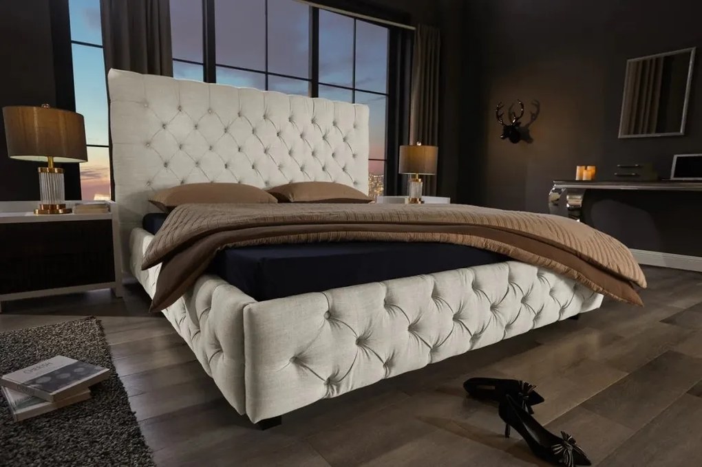 Pat elegant tapitat cu tesatura bej, PARIS CHESTERFIELD 180x200cm