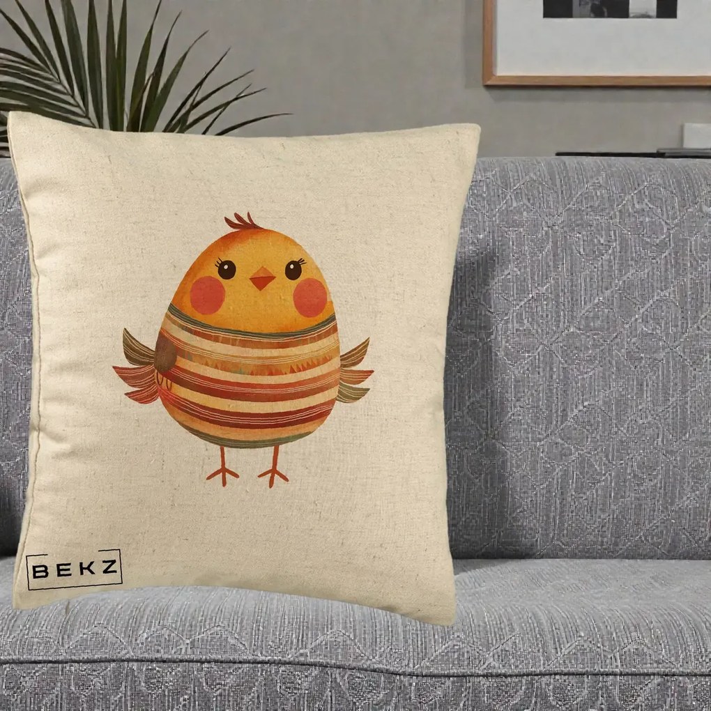 Perna Decorativa Pui Kawaii Portocaliu Dungi Calde, 40x40 cm, Bej, Husa Detasabila, Perna Inclusa, BEKZ®