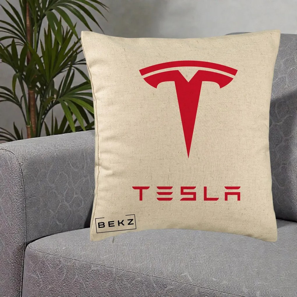 Perna Personalizata cu emblema Tesla, 40x40 cm, Bej, Husa Detasabila, Perna Inclusa, BEKZ®