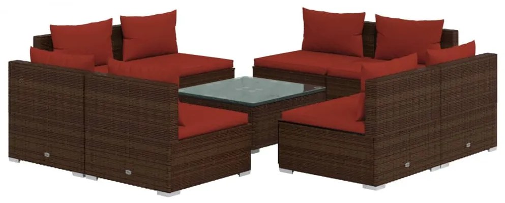 Set mobilier de gradina cu perne, 9 piese, maro, poliratan maro si rosu, 8x mijloc + masa, 1