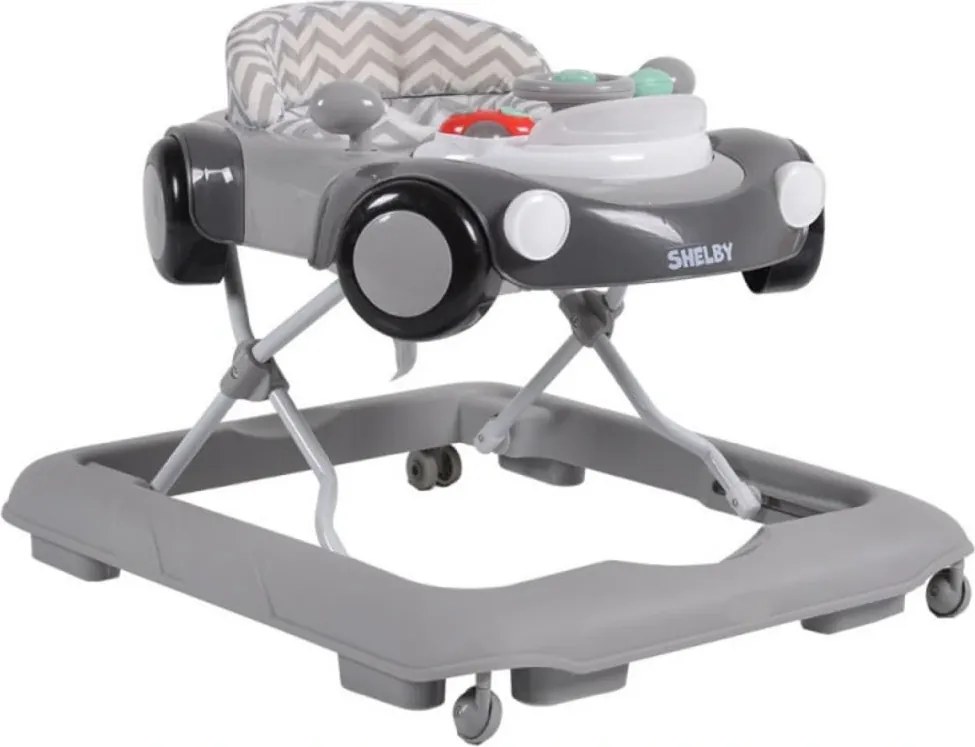Premergator Reglabil in 3 Trepte NOVOKIDS™ Shelby Mini Car , Roti silentioase, Pliabil, 8 Roti, Cu Melodii si volan, Model Masinuta, Gri