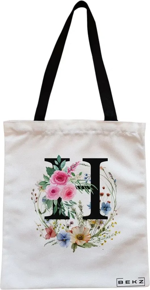 Sacosa de Panza pentru Cumparaturi, Geanta Tote, Cu litera H in Coronita Florala, Cu fermoar, 38x34.5 cm, Alba, BEKZ®