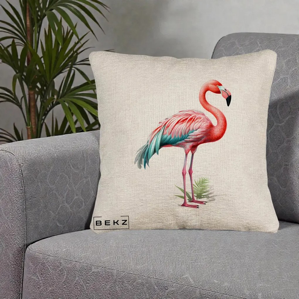 Perna Decorativa Flamingo Roz cu Pene Teal, 40x40 cm, Bej Canapea, Husa Detasabila, Perna Inclusa, BEKZ®