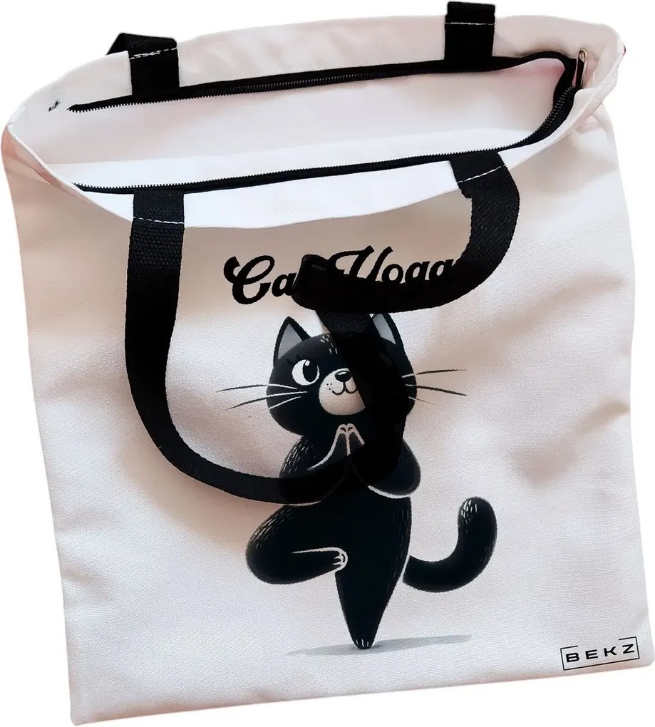 Sacosa de Panza pentru Cumparaturi, Geanta Tote, Yoga Cat, Cu fermoar, 38x34.5 cm, Alba, BEKZ®