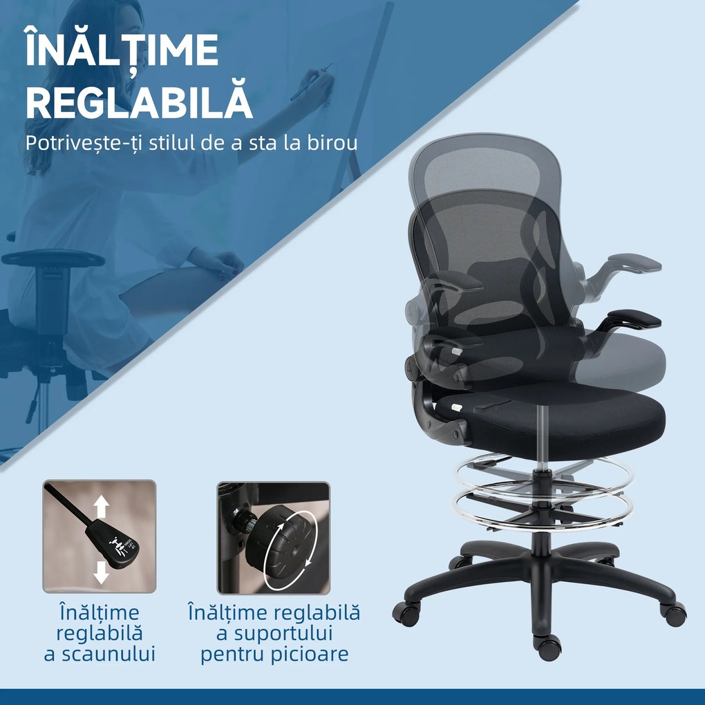 Vinsetto Scaun de Birou Ergonomic, Scaun Rotativ din Plasă, Reglabil pe Înălțime cu Suport pentru Picioare și Cotiere Rabatabile, Capacitate 120kg, Negru | Aosom Romania