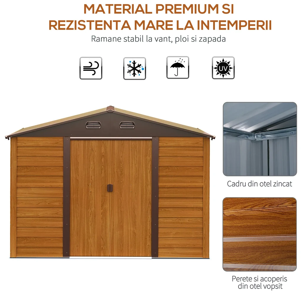 Outsunny Magazie de gradina pentru scule, din otel cu usi culisante si guri de ventilatie, 278x195x215cm, maro | Aosom Romania