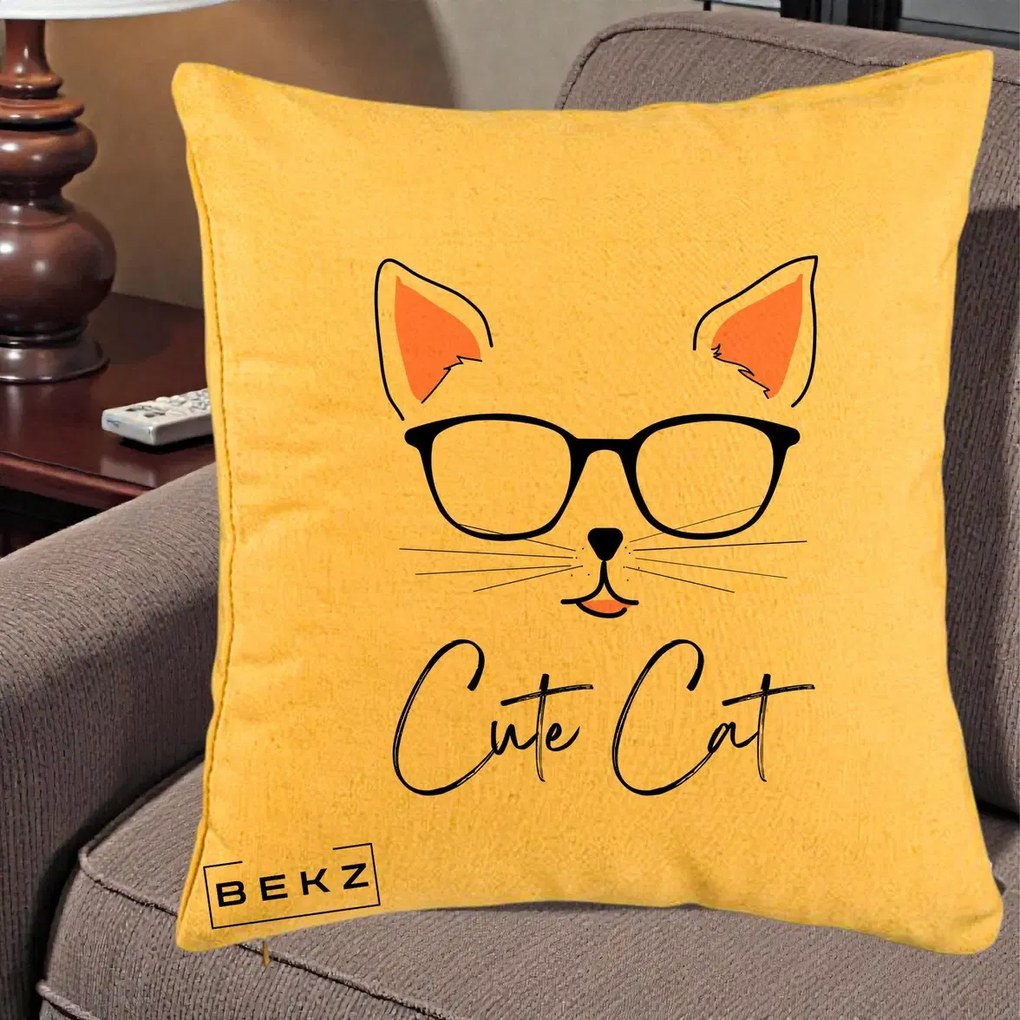 Perna Personalizata Cute Cat cu Ochelari, 40x40 cm, Galben, Husa Detasabila, Perna Inclusa, BEKZ®