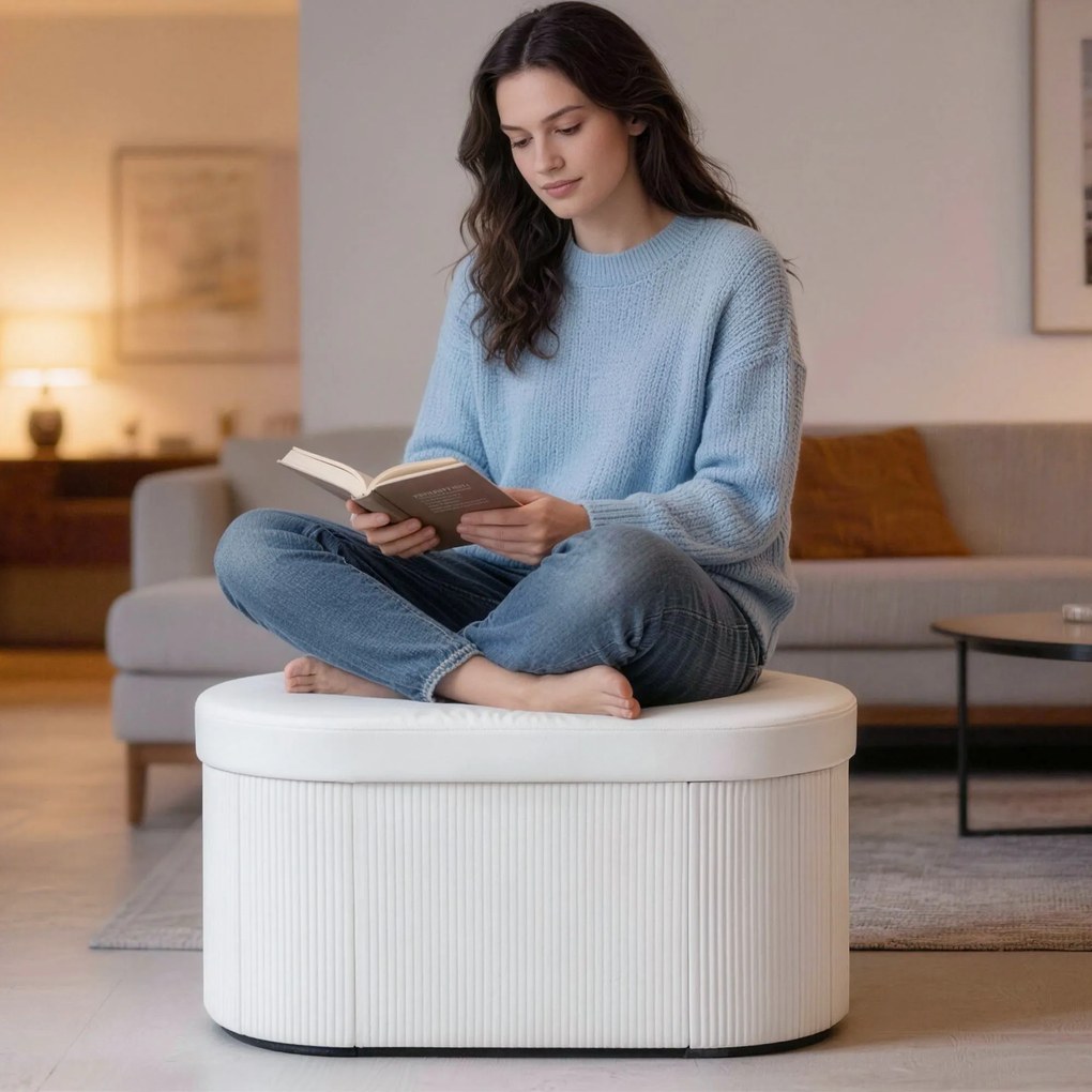 HOMCOM Taburet cu Spațiu de Depozitare Pliabil, Bancă Modernă Tapițată cu Material Catifea, Suport pentru Picioare cu Compartiment de 72L pentru Living și Dormitor, 76x38x35 cm, Crem | Aosom Romania