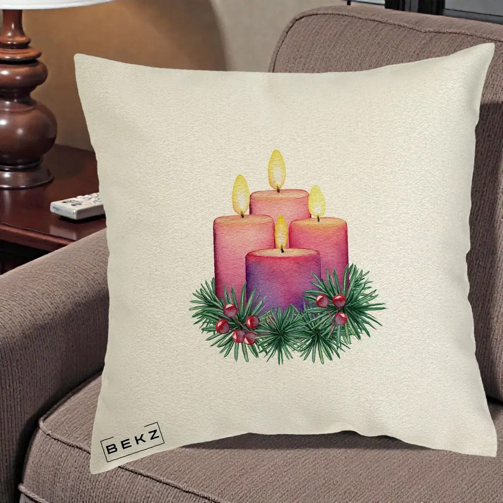 Perna Decorativa Lumanari Advent Roz-Violet, 40x40 cm, Ecru, Husa Detasabila, Perna Inclusa, BEKZ®