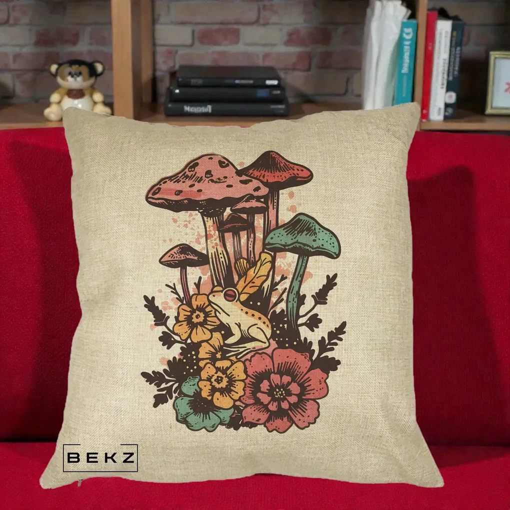 Perna Decorativa Ciuperci si Broaste Boho, 40x40 cm, Crem, Husa Detasabila, Perna Inclusa, BEKZ®