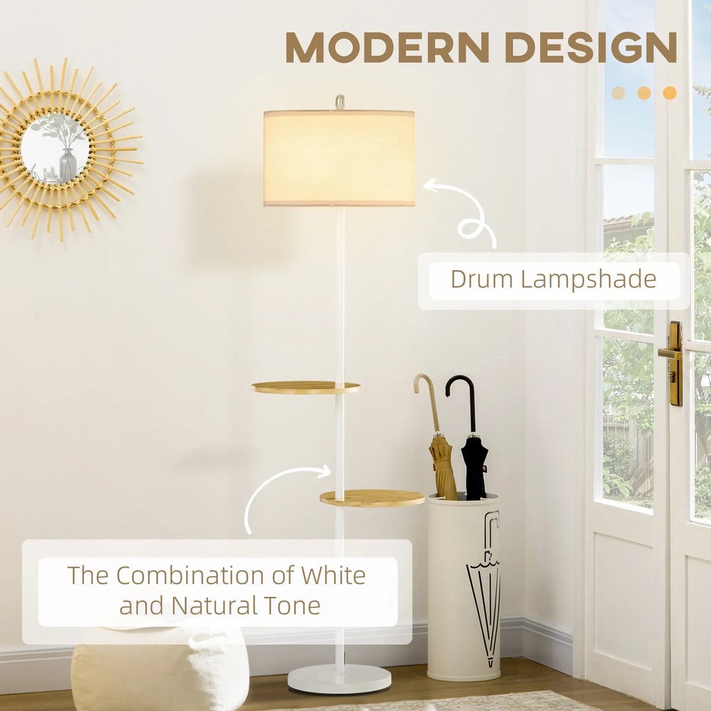 HOMCOM Lampa de podea cu 2 rafturi, Lampa de podea din metal si lemn cu abajur din material, Ø40x163cm, alb | AOSOM RO