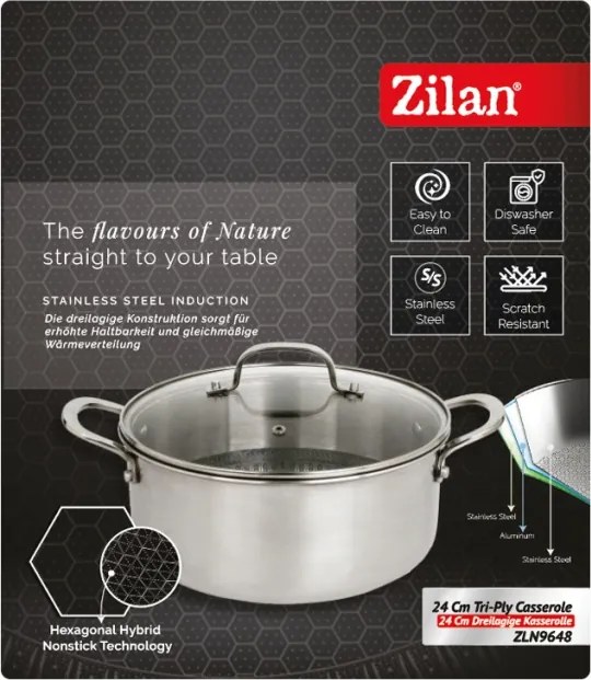 Oala Zilan ZLN9648 cu capac, tri-ply, inox, antiaderent, protectie la zgarieturi, usor de spalat, 24 cm,4.3L