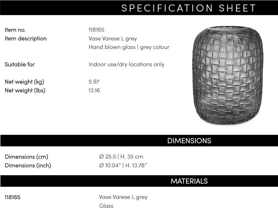 Vas decorativ design LUX realizat manual din sticla Varese L gri