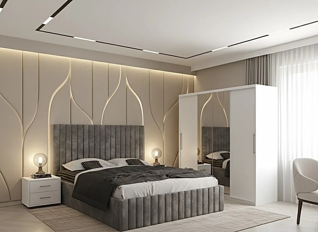 Set dormitor Cairo Gri cu Dulap Londra 200 Alb