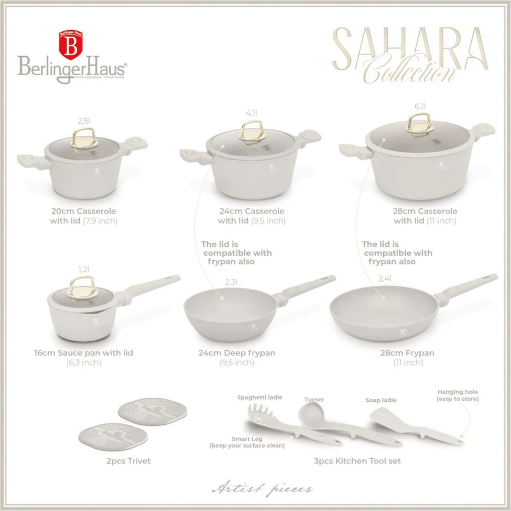 Set oale si tigai cu capace 15 piese Sahara Collection Berlinger Haus BH 8081N, crem, antiaderente, curatare usoara, inductie, design elegant, premium