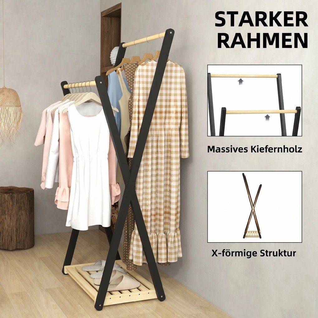 HOMCOM Cuier de Podea din Lemn cu 2 Bare, Suport pentru Haine Autoportant Modern cu Raft Inferior, 61x45x152 cm, Natural