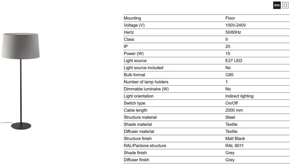 Lampa de podea abajur textil 64cm WINDSOR negru, gri