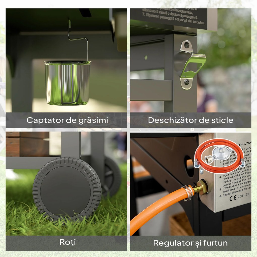 Outsunny Grătar pe Gaz cu Plită și Arzător, Capac cu Termometru Negru | Aosom Romania