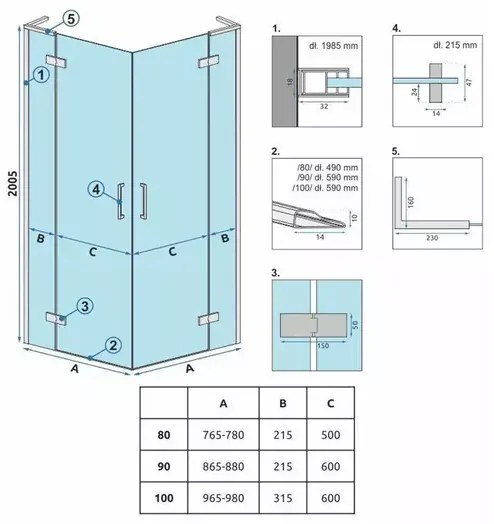 Cabina de dus patrata Rea Hugo cu 2 usi batante 90x90 cm negru