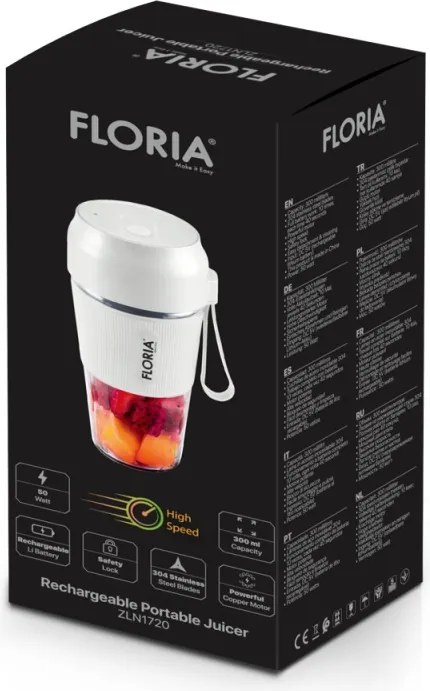 Blender portabil Floria ZLN1720 pentru suc reincarcabil, Capacitate 300 ml, Putere 50W, Lame din otel inoxidabil, Alb