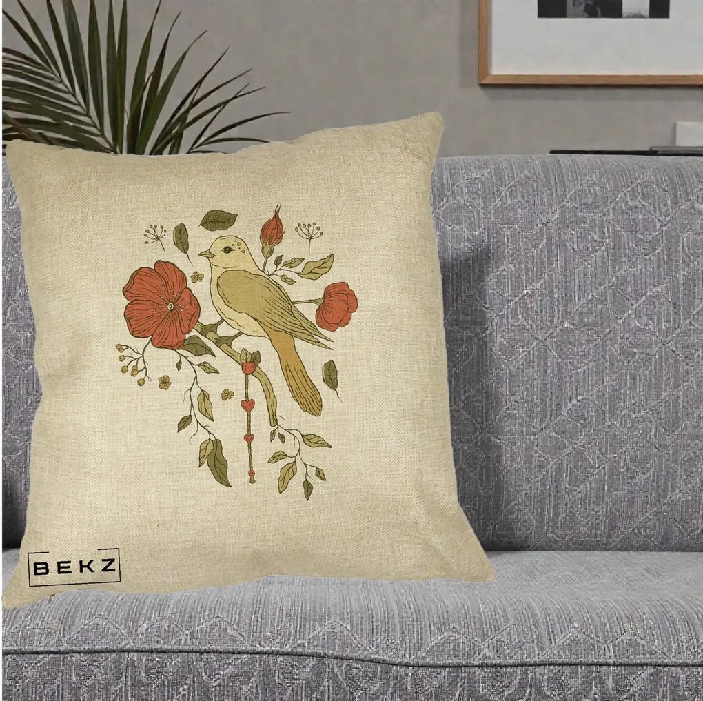 Perna Decorativa Pasare pe Ramura cu Maci, 40x40 cm, Crem, Husa Detasabila, Perna Inclusa, BEKZ®