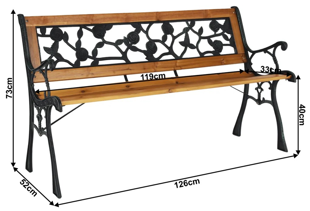 Bancă de grădină Faiza, negru, 126 x 52 x 73 cm