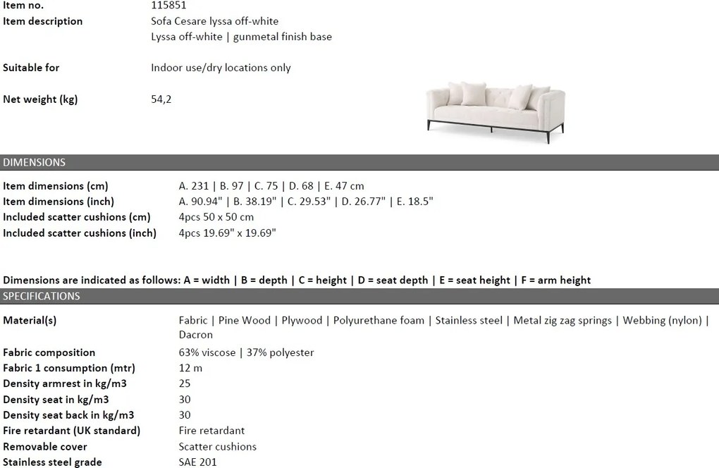 Canapea fixa design LUX cu aspect Chesterfield Cesare, lyssa off-white