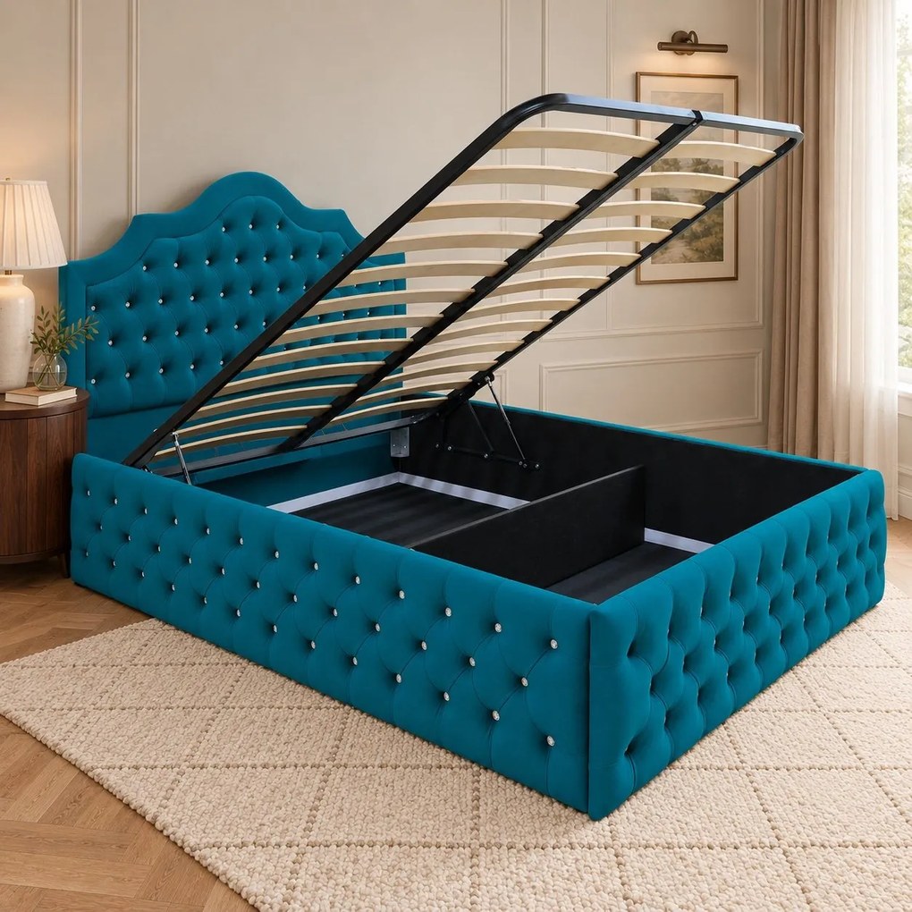 Pat tapițat Chesterfield din catifea Imperio Deluxe 160×200 cm, turcoaz, cu ladă de depozitare