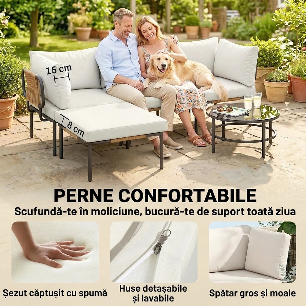 Outsunny Set Grădină, 5 Piese, Rattan Modular în L cu Perne, Culoare Bej | Aosom Romania