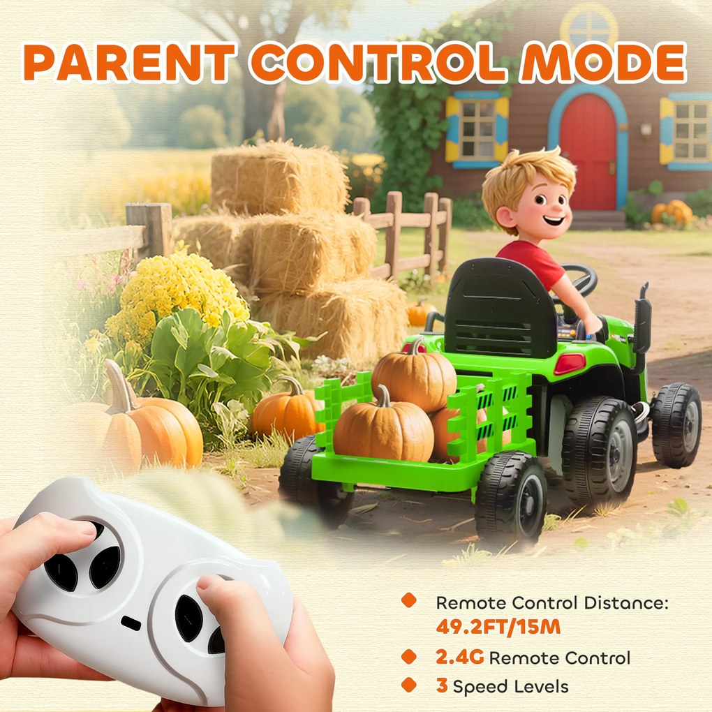 AIYAPLAY Tractor Electric 2 în 1 pentru Copii 3-8 Ani 12V cu Remorcă Detașabilă, Mașină Electrică pentru Copii cu Telecomandă, Centură de Siguranță, Muzică, Lumini LED și Claxon, Verde | Aosom Romania