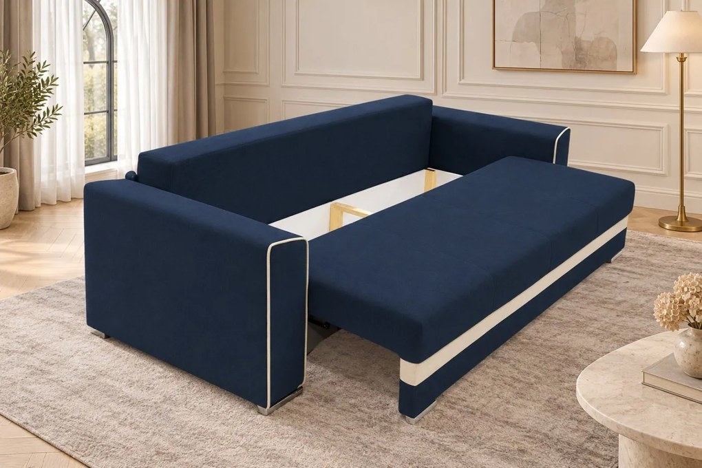 Canapea extensibilă Ondina din stofă, bleumarin + crem, cu ladă de depozitare