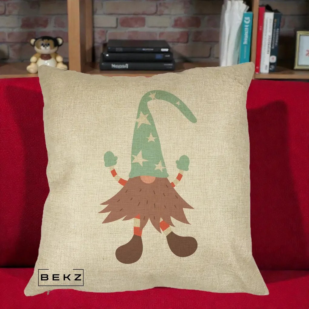 Perna Decorativa Pitic Gnom Nordic cu Cadou Menta, 40x40 cm, Crem, Husa Detasabila, Perna Inclusa, BEKZ®