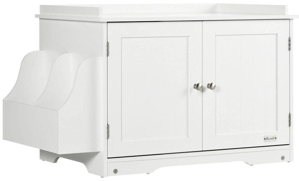 PawHut Mobilier Acoperit pentru Litieră cu Separator Interior Reglabil, Intrare Laterală și 2 Uși, 86x48x52 cm, Alb | Aosom Romania
