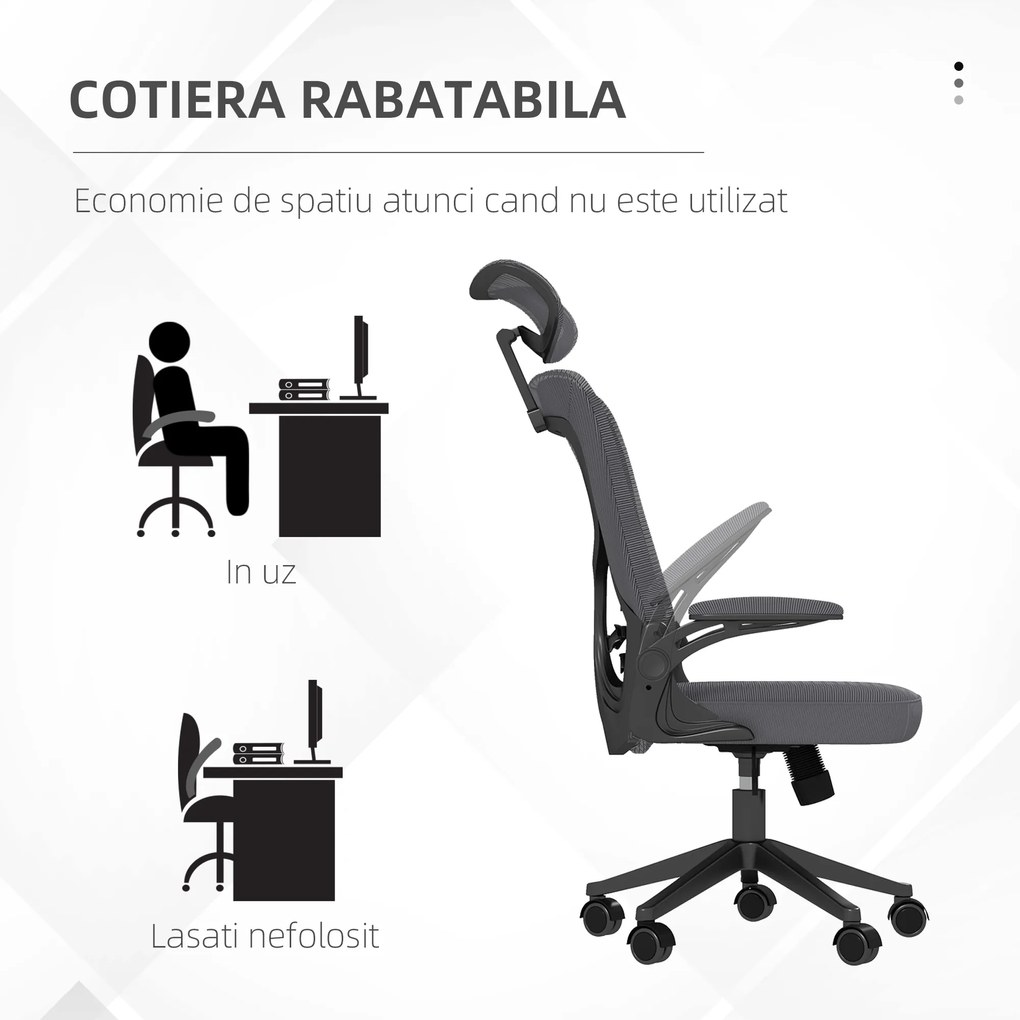 Vinsetto Scaun Ergonomic de Birou Reglabil cu Tetiera Suport Lombar Cotiere Rabatabile Gri/Negru 65x64x120-130cm | Aosom Romania