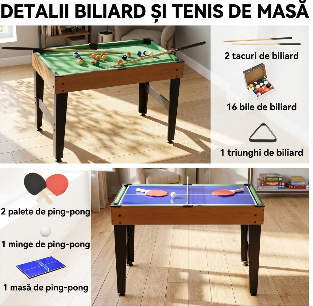 HOMCOM Masă de Joc 4 în 1 cu Fotbal de Masă, Biliard, Ping-Pong și Air Hockey, Vârstă 6+ Ani, 107x61x84,5 cm, Multicolor | Aosom Romania