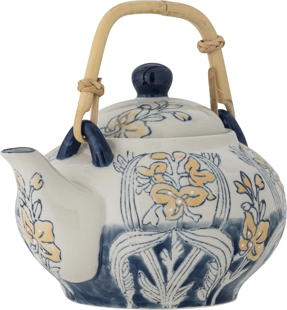 Ceainic din ceramică, cu motiv floral albastru pictat manual și mâner din bambus, cu infuzor, „Myah", 15 x 15 cm