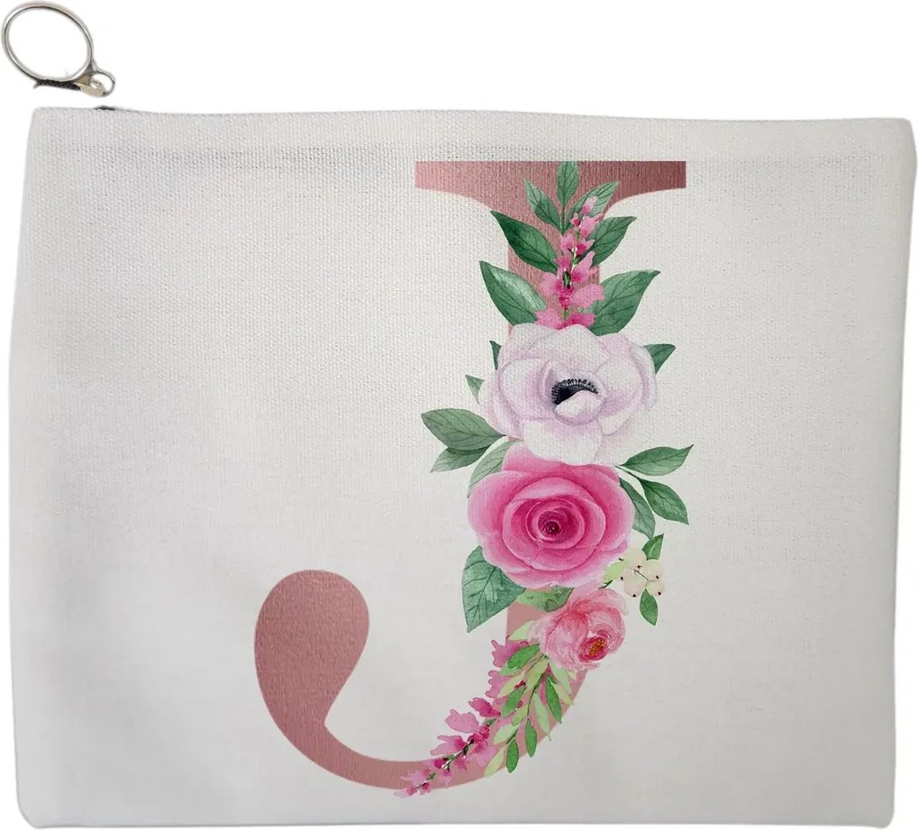 Portfard Cosmetice tip Plic, Cu litera J Rose Gold si Trandafiri, 23x18 cm, Alb, BEKZ®