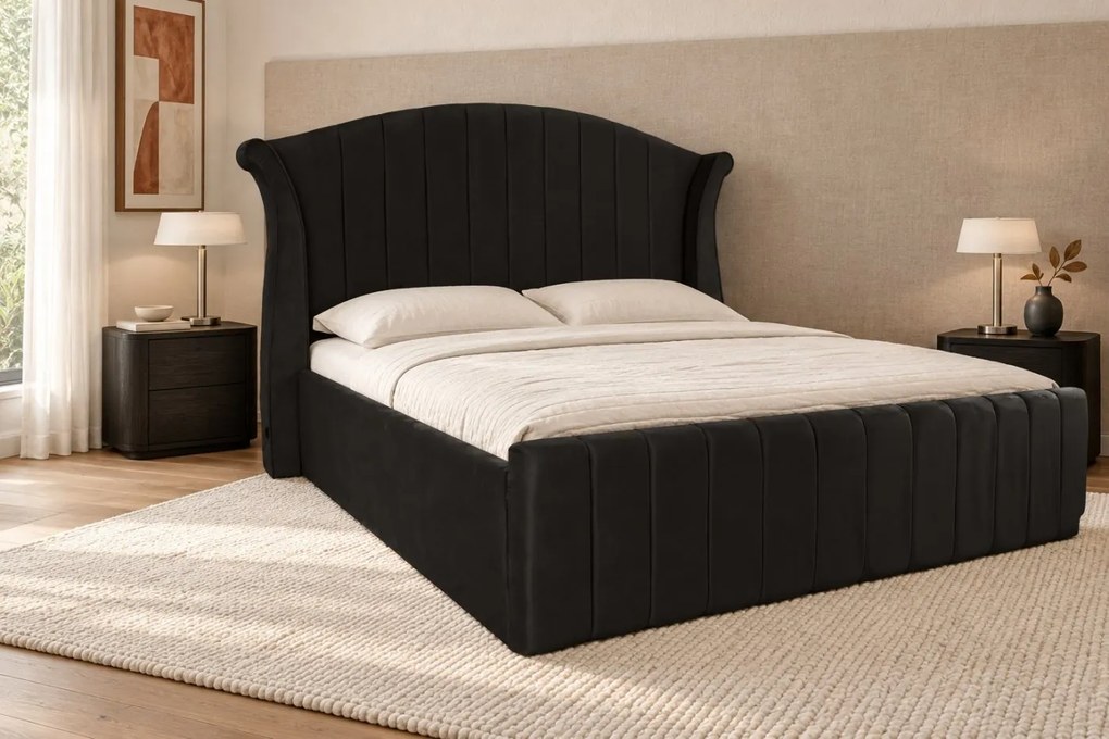 Pat tapițat din catifea Sorella Simple Line 140×200 cm, negru, cu ladă de depozitare