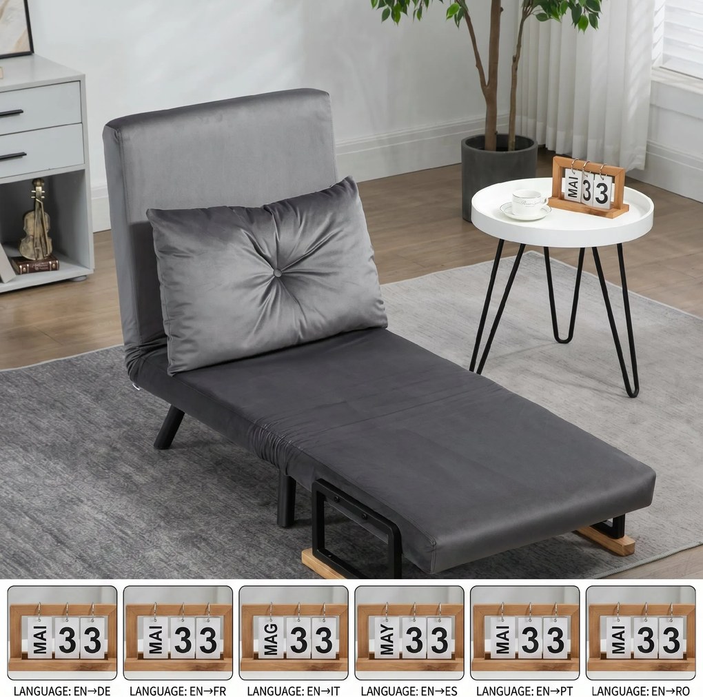 HOMCOM Canapea Extensibilă cu Spătar Reglabil pe 5 Nivele, Canapea Pat Individuală Pliabilă cu Perne, 63x73x81 cm, Gri | Aosom Romania