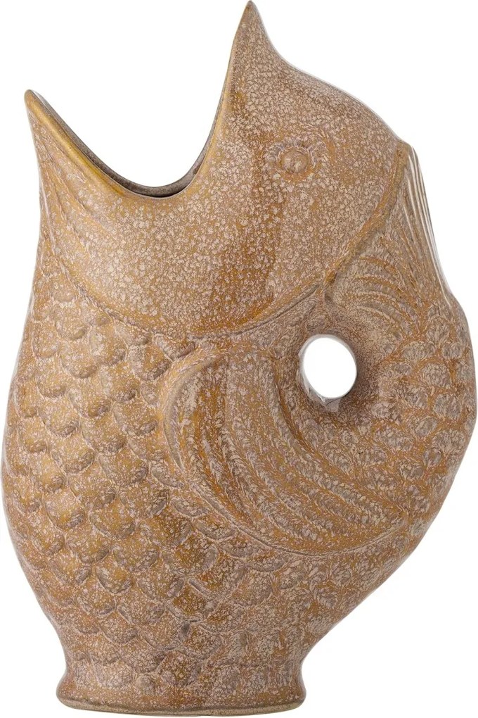 Vază din ceramică, maro, formă de pește, glazură reactivă în tonuri calde, 23,5 x 15,5 x 8,5 cm, „Harvey”