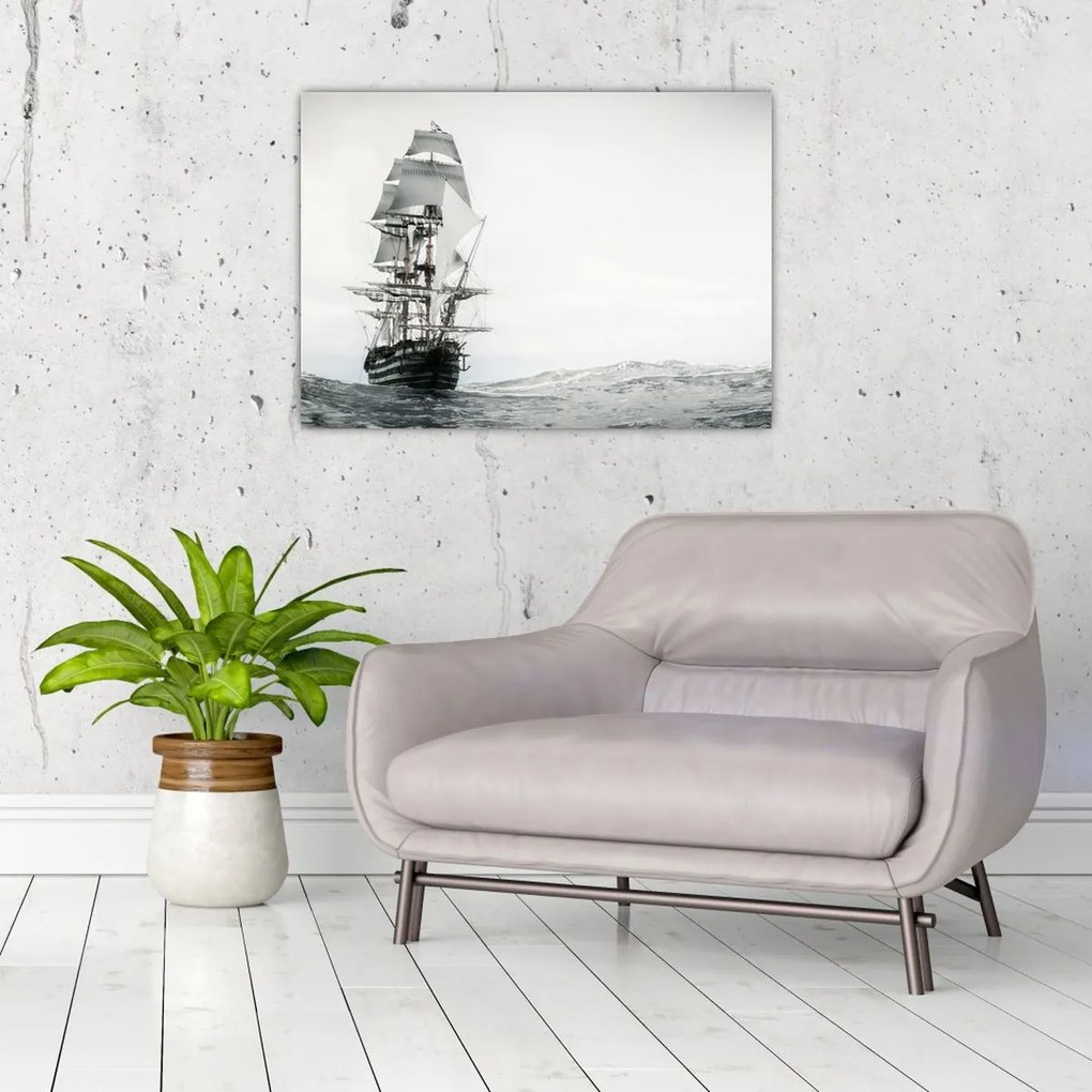 Tablou pe sticlă - O navă care navighează pe ocean (70x50 cm)