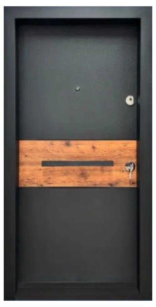 Usa metalica de exterior cu izolatie si vizor Novo Doors NDA2, Din compozit, 2 yale, Kit complet, Pentru case, Gri antracit cu insertie stejar (Sens