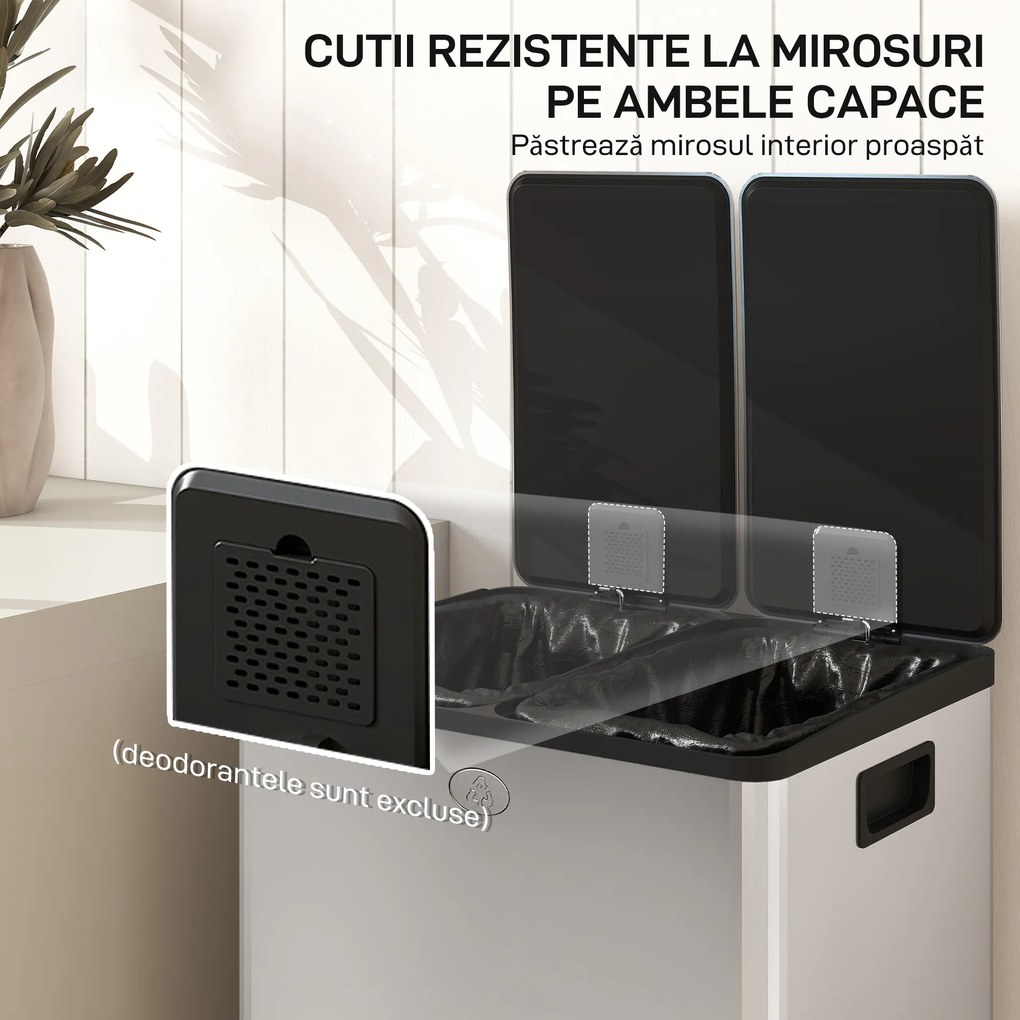 HOMCOM Coș de Gunoi cu Pedală, 2 x 20L, din Oțel, cu Capace Silențioase și Găleți Interioare Detașabile, Argintiu | Aosom Romania