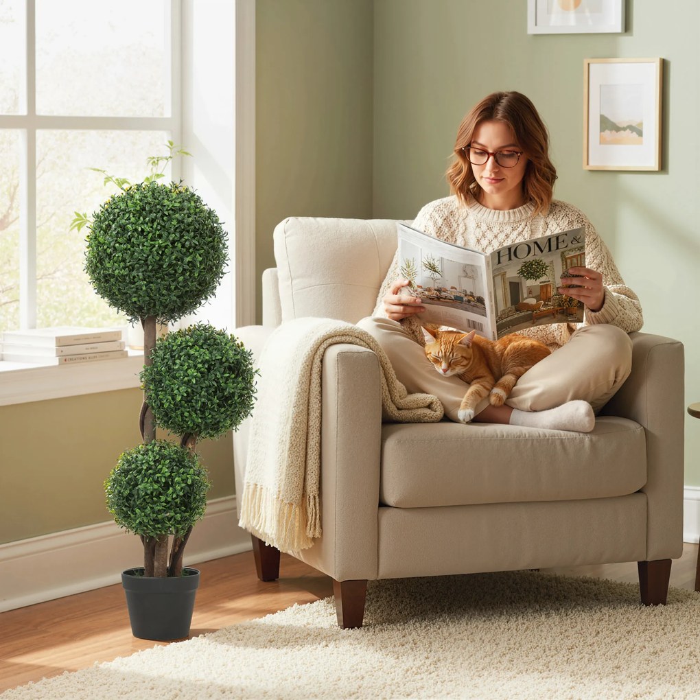 HOMCOM Bilă de buxus artificial cu trei bile, plantă artificială, plantă artificială cu trunchi din lemn în ghiveci, 30 x 30 x 100 cm, Verde | Aosom Romania