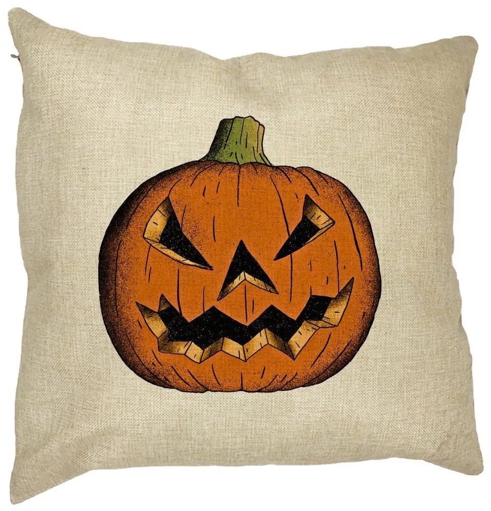 Perna Decorativa cu motiv Dovleac de Halloween 2, 40x40 cm, Husa Detasabila, Burduf