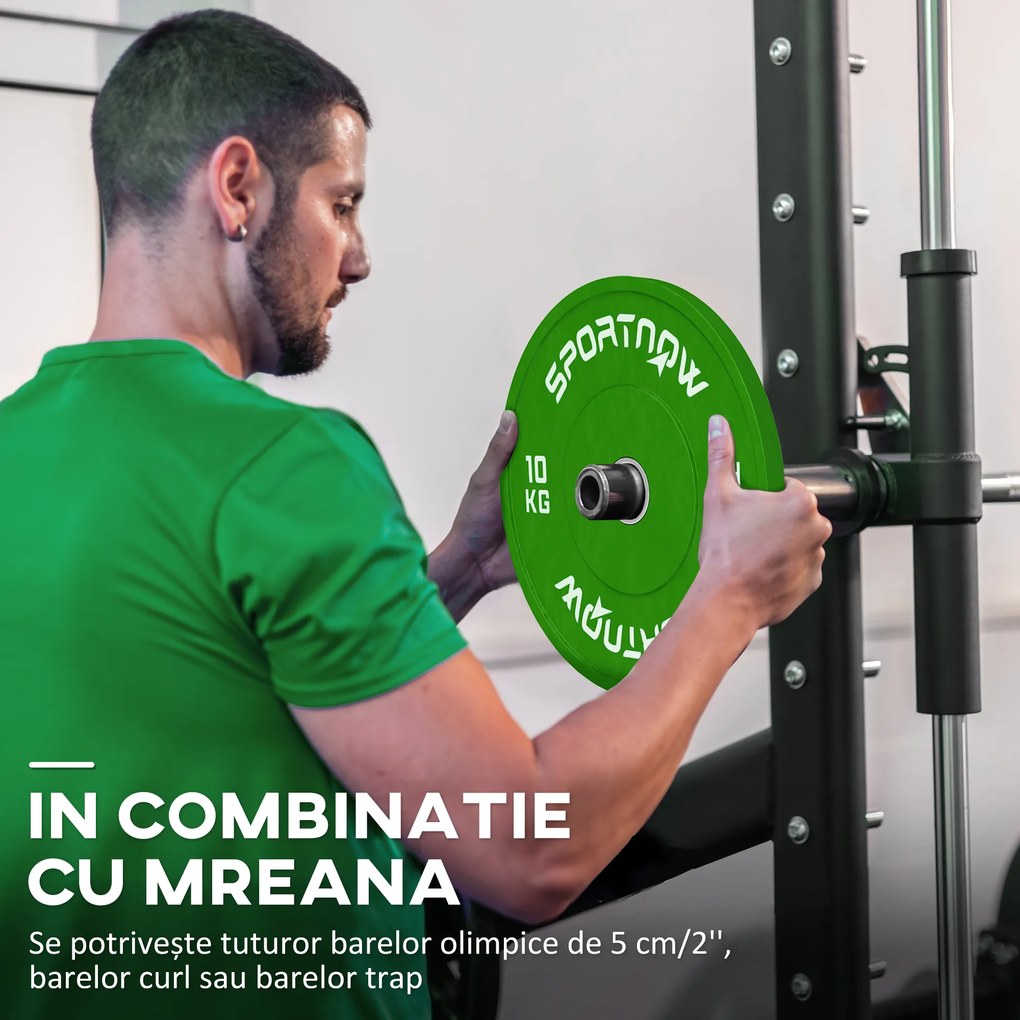 SPORTNOW Set de 2 Discuri Greutăți 2x10 kg din Cauciuc, cu Gaură de 5 cm pentru Gantere și Grijuri, Ø45x4 cm, Verde | Aosom Romania