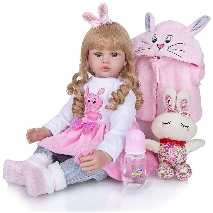 Papusa bebelus, PROCART, inaltime 55 cm, aspect realist, jucarie iepuras, biberon, suzeta, 3 ani+