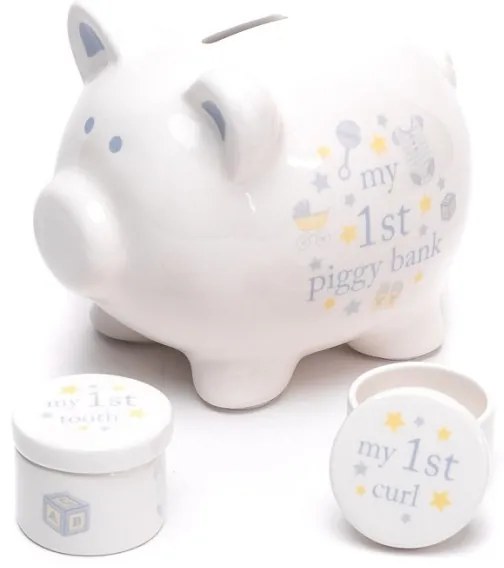 Set cadou pusculita si cutiute bleu din ceramica Hello Baby