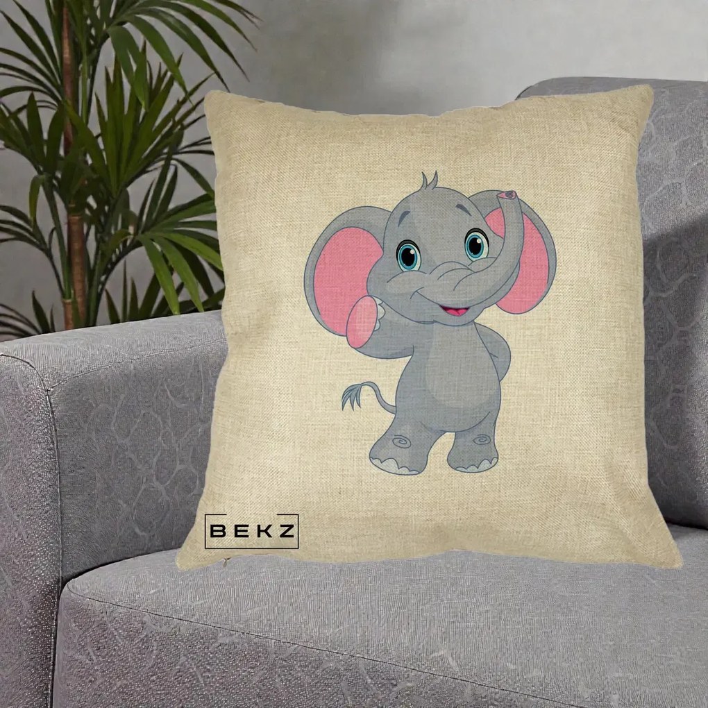 Perna Decorativa Pui de Elefant Kawaii, 40x40 cm, Crem, Husa Detasabila, Perna Inclusa, BEKZ®